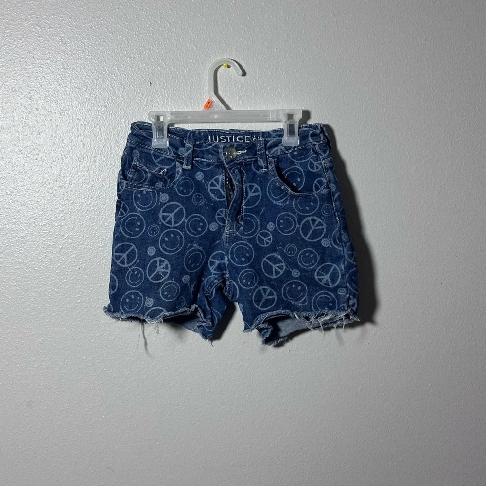 Justice Kids Girl Peace Blue Cut‎ Off Midi Short Denim Shorts Size 16.
